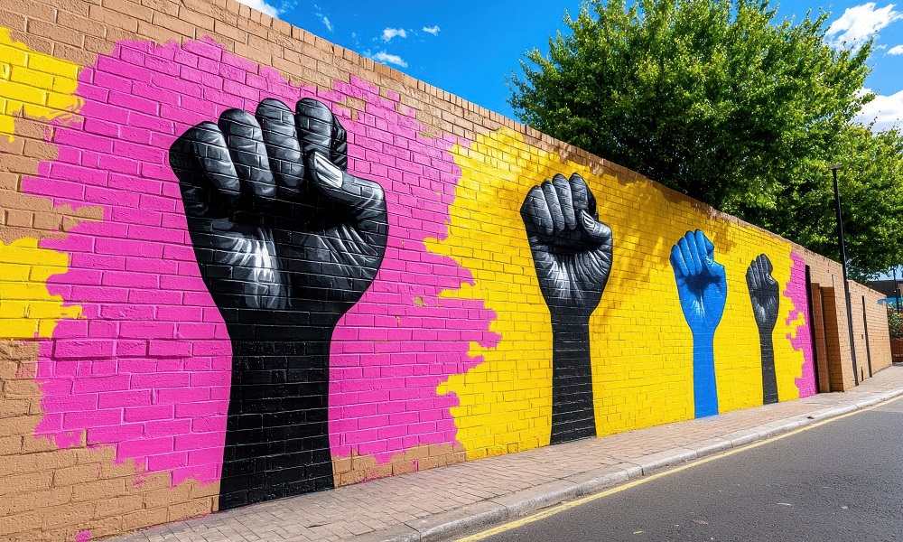 A vibrant street art mural depicting a community coming together to fight for a cause.